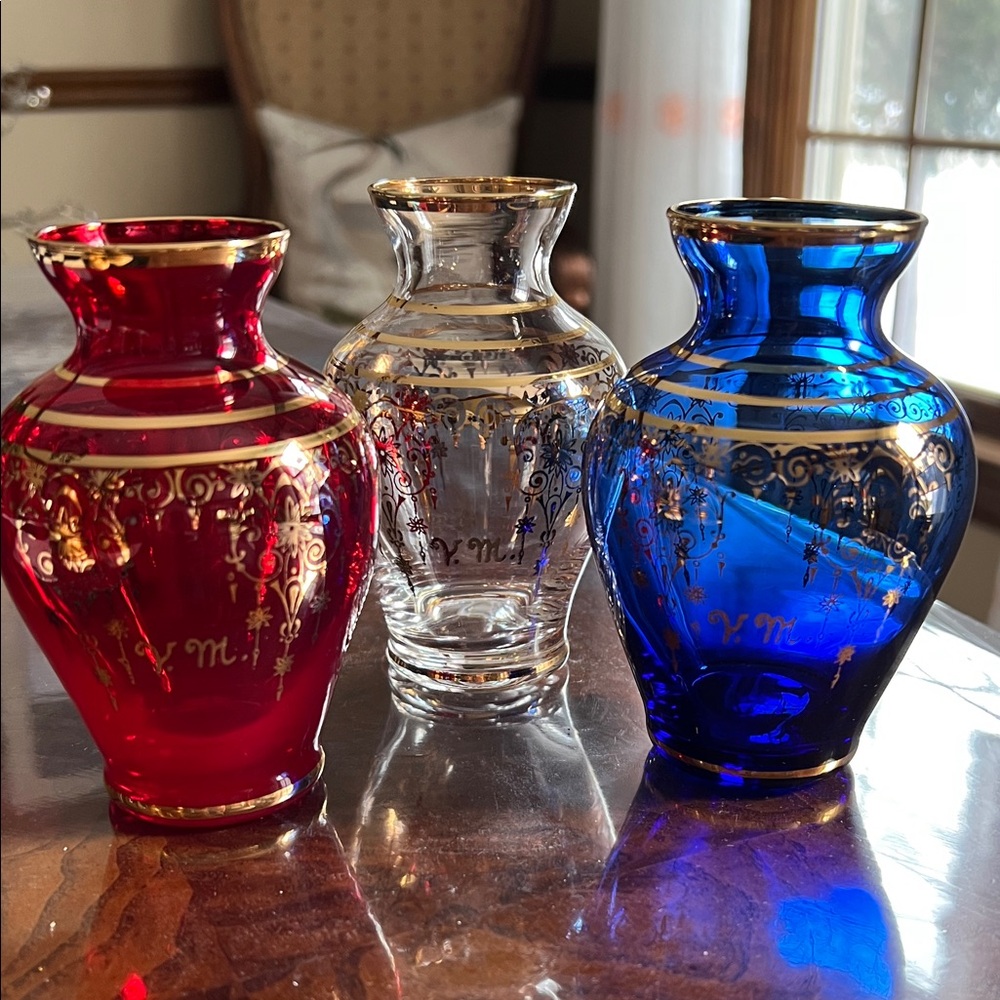 Vintage Vecchia Murano Mini Bud Collectible Vase 24k decorative inlay. Set of 3.